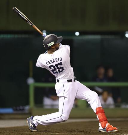 ５回、左翼線に適時二塁打を放つカナリオ（撮影・金田祐二）