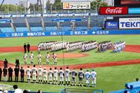 東京六大学野球の開会式で選手らが整列する