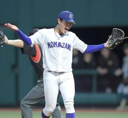 　９回、雄たけびを上げる駒大・仲井