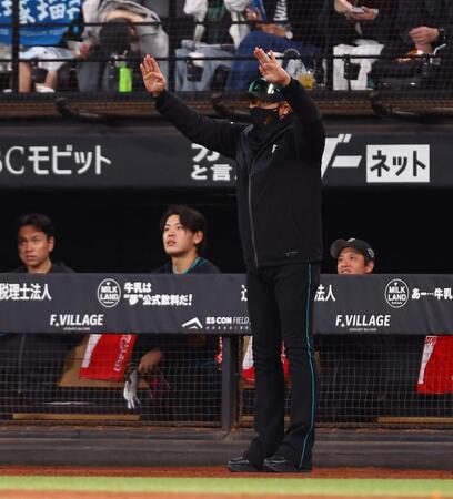 １回、大塚のプロ初安打となる記念球を求める新庄監督（撮影・中島達哉）