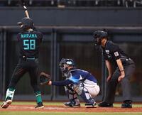 防具の下にヘルメットを着用し、試合に臨む有隅球審（右）＝撮影・中島達哉