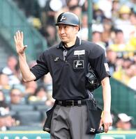 ヘルメットを着用して球審を務める原審判員（撮影・西田忠信）