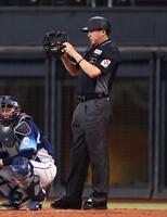 ヘルメットを着用して試合に臨む有隅球審（撮影・中島達哉）