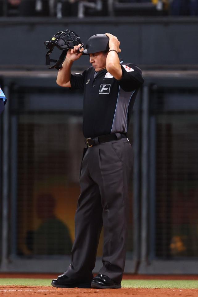 ヘルメットを着用する有隅球審（撮影・中島達哉）