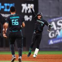 １０回、サヨナラ打を放ち、指を突き上げる奈良間（右）＝撮影・中島達哉