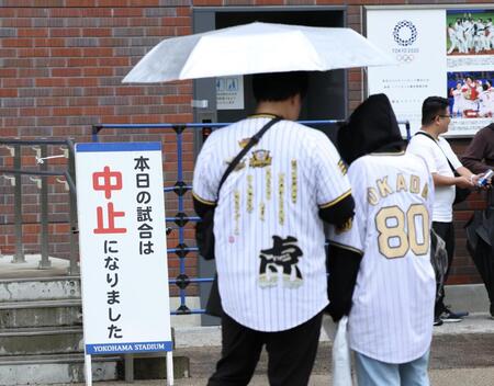 中止発表の看板を見つめる阪神ファン（撮影・伊藤笙子）