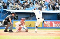 東京六大学野球で球審が捕手用のヘルメットを着用する