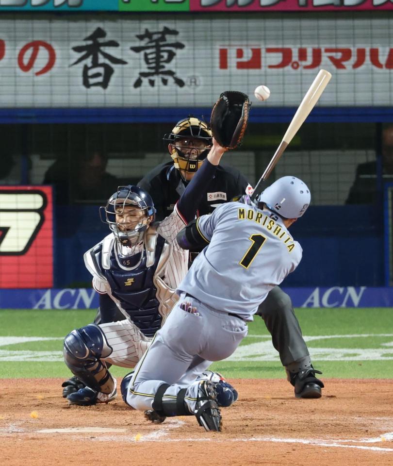 ８回、頭部付近の球を避ける森下（撮影・金田祐二）