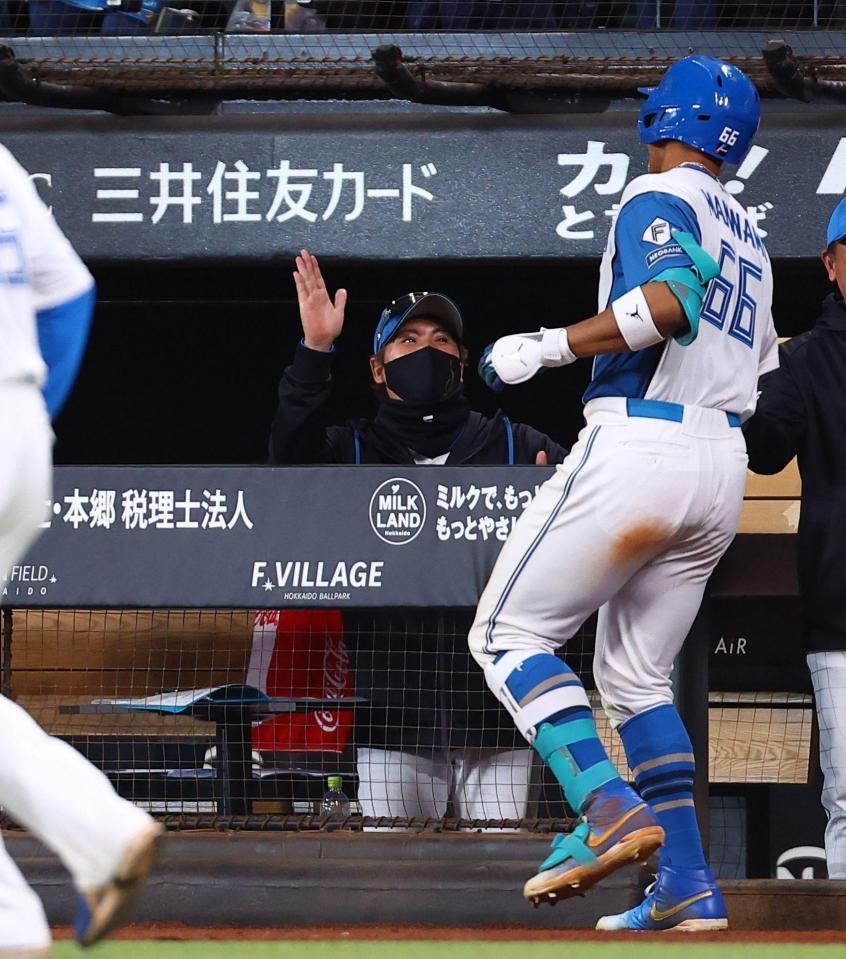 ６回、ソロを放った万波（右）を迎える新庄監督（撮影・中島達哉）