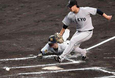 ６回、中野はバッテリーミスで生還する（ベースカバーは巨人・井上）＝撮影・山口登