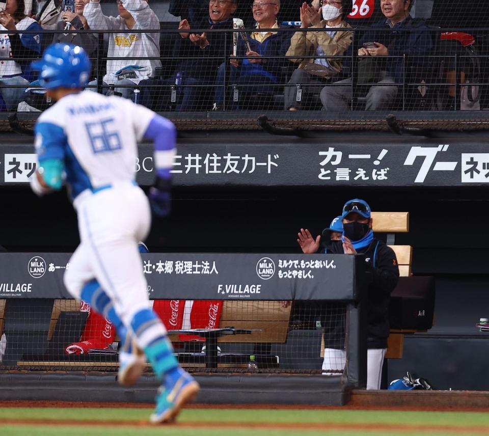 ６回、万波（左）がソロを放ち、ベンチをたたく新庄監督（撮影・中島達哉）