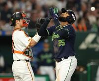 ６回、中越えソロを放ち生還するサンタナ（撮影・金田祐二）