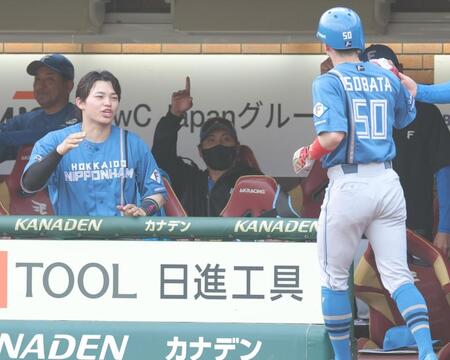 ８回、矢沢の適時三塁打で生還した五十幡（右）を祝福する新庄監督（撮影・西岡正）