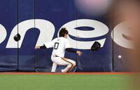 ５回、渡部は打球を追いフェンスに激突する（撮影・山口登）