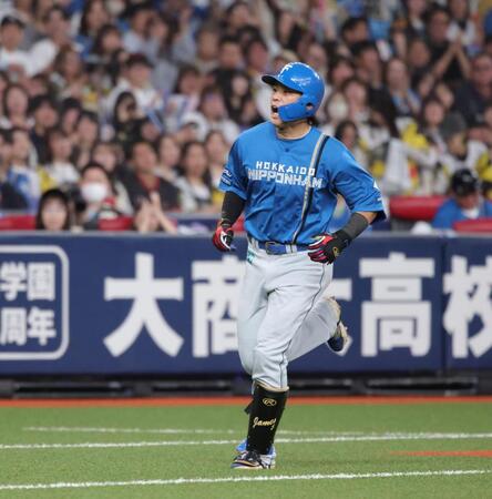 ５回、野村は左越えに２ランを放ち、雄叫びを上げながらホームに向かう（撮影・坂部計介）