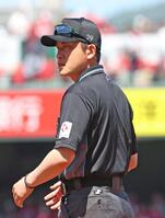 帽子に２９の番号を付けて試合に臨む梅木審判員（撮影・北村雅宏）
