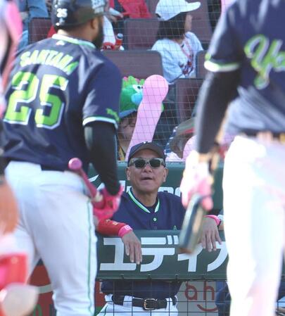 ９回、二ゴロに倒れたサンタナ（２５）とベンチの池山監督（中央）＝撮影・北村雅宏