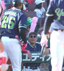 ９回、二ゴロに倒れたサンタナ（２５）とベンチの池山監督（中央）＝撮影・北村雅宏