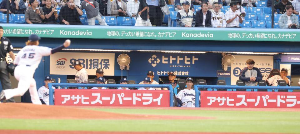 １回、先発のヤクルト・吉村がアクシデントで降板し、困惑しながらも２番手の小澤（左端）を見つめる池山監督（右端）＝撮影・吉澤敬太