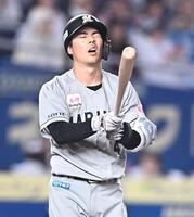 ６回、空振り三振に倒れ悔しがる友杉（撮影・開出牧）