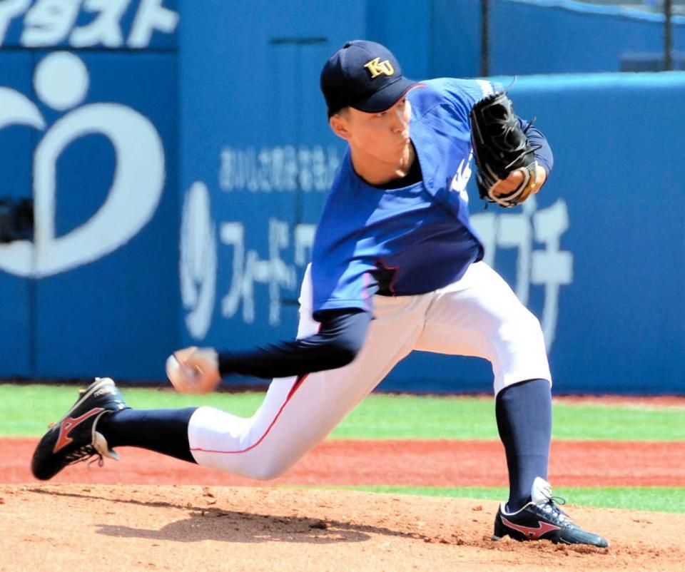 　１９２センチの長身からアンダースローで投げ込む神奈川大・松平
