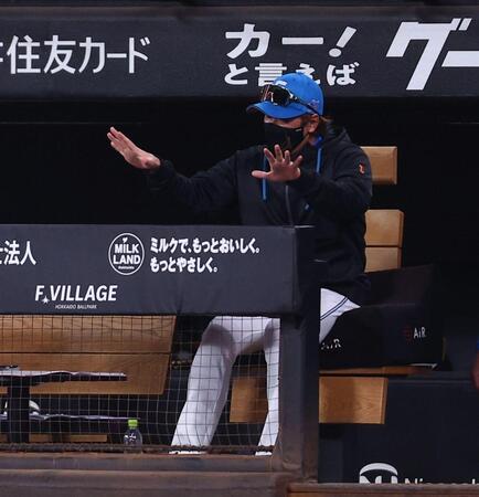 ７回、安打を放ったレイエスにジェスチャーする新庄監督（撮影・中島達哉）