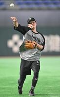 試合前の練習でキャッチボールする坂本（撮影・開出牧）