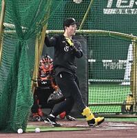 試合前の練習でフリー打撃を行う巨人・浦田俊輔（撮影・開出牧）