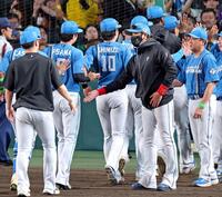 伊藤の完封勝利で監督通算３００勝目を飾りナインとタッチを交わす新庄監督（中央）＝撮影・立川洋一郎