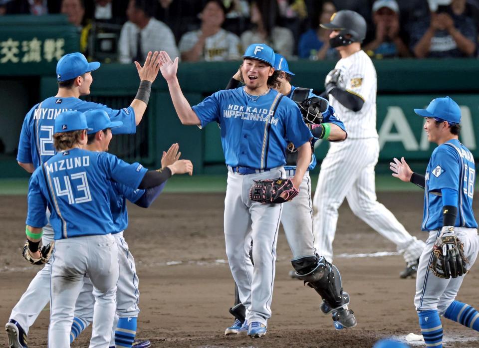 完封勝利を飾りナインとタッチを交わす伊藤（中央）＝撮影・立川洋一郎