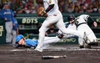 ９回、スクイズで生還する矢沢（撮影・山口登）