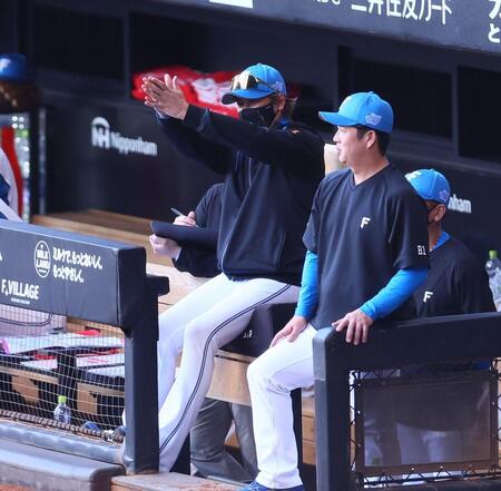 ３回、三走・奈良間に拍手を送る新庄監督（中央）＝撮影・中島達哉