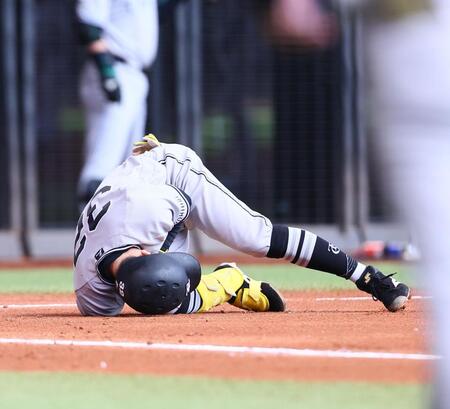 ３回、死球を受け、倒れ込む浦田（撮影・中島達哉）