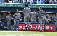 ６回慶大１死満塁、横地広太の右犠飛で生還した慶大・今津慶介（１０）と沸く慶大ナイン（撮影・持木克友）