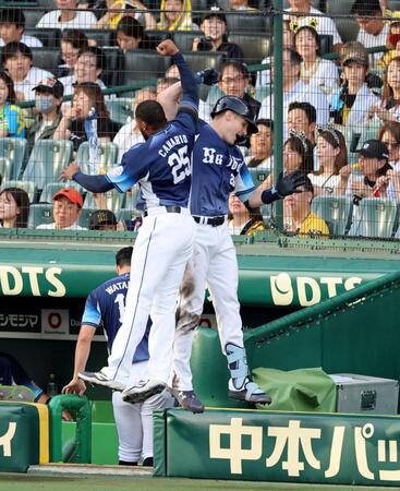 ２回、先制ソロを放ち生還したネビン（右）はカナリオとジャンプしエルボータッチする（撮影・山口登）