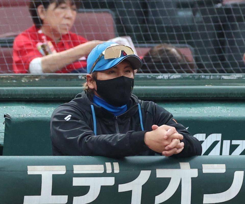 １回の攻撃をベンチから見る新庄監督（撮影・北村雅宏）