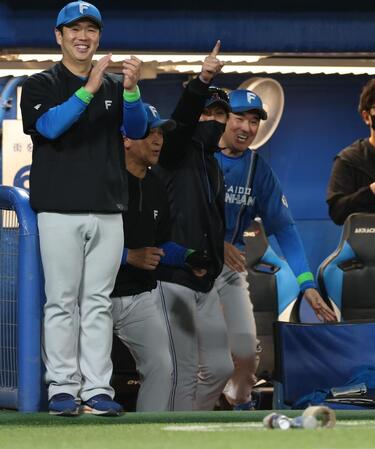 延長１１回、万波の適時打で喜ぶ新庄監督（撮影・金田祐二）
