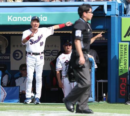 ４回、広沢の暴投で二走・カストロが本塁へ。セーフの判定も池山監督がリクエストを要求。ベンチにボールが入ったため生還が認められず（撮影・金田祐二）