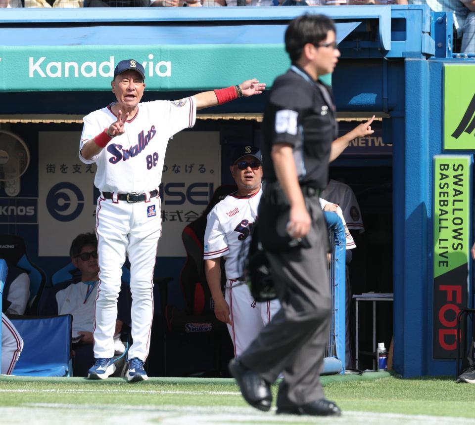 二走・カストロが本塁へ。セーフの判定も池山監督がリクエストを要求。ベンチにボールが入ったため生還が認められず（撮影・金田祐二）