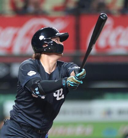４回、中犠飛を放つ西川（撮影・西岡正）