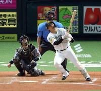 ４回、左越えにソロを放つ野村（捕手・梅野）＝撮影・山口登