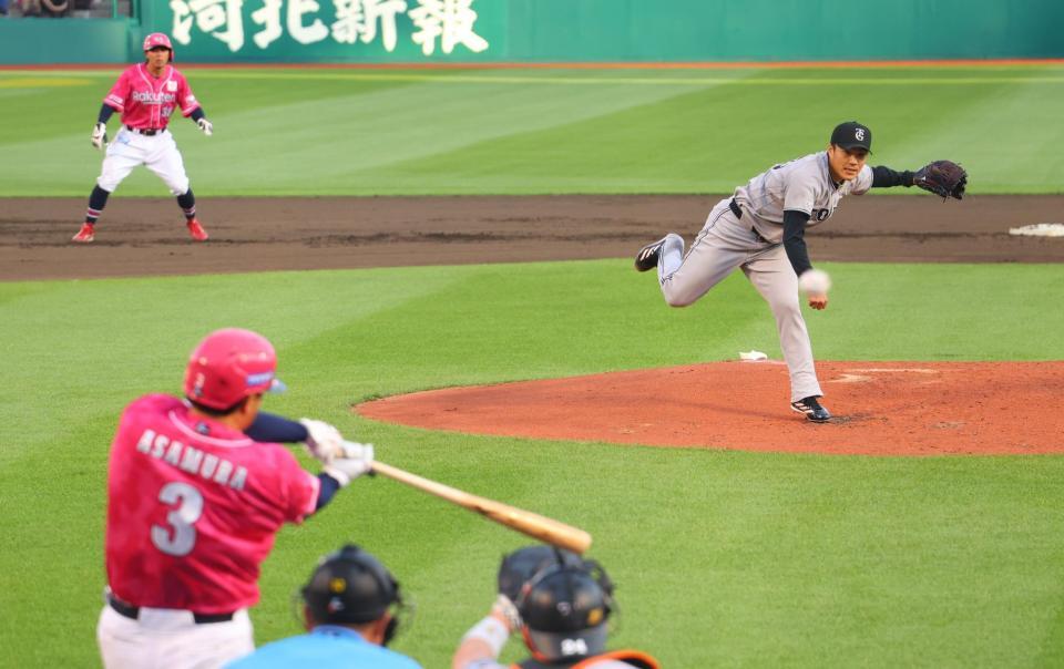 １回、浅村と対戦する則本（撮影・金田祐二）