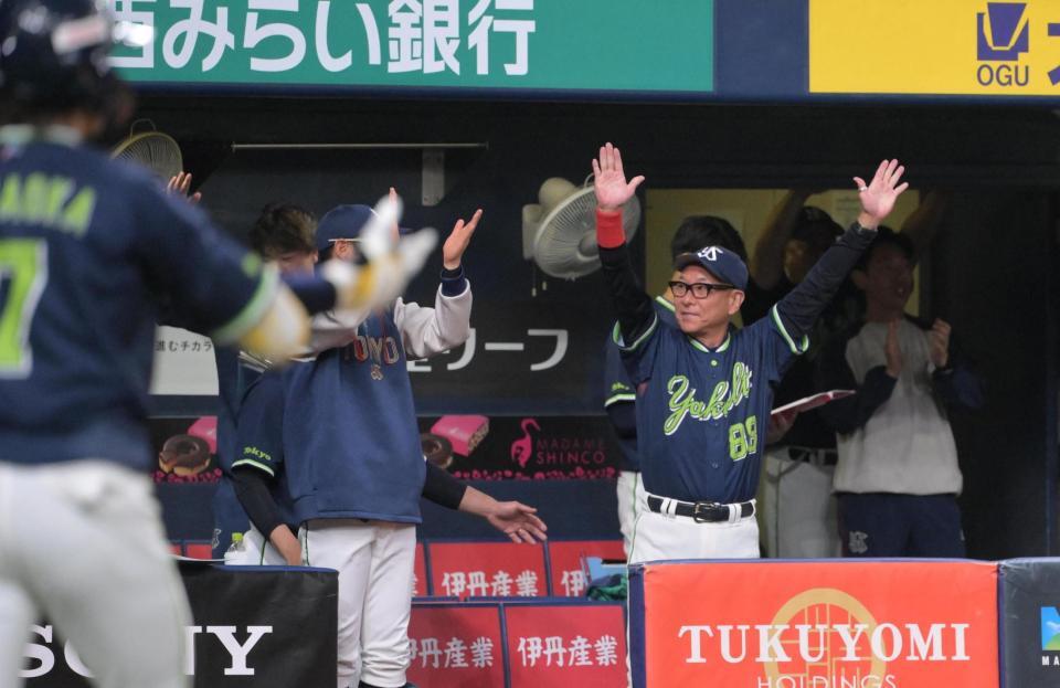 ６回、同点にしベンチでバンザイする池山監督（撮影・金居みつよし）