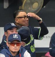 ９回、オリックスに連敗し頭をかく池山監督（撮影・金居みつよし）