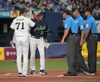 メンバー表を交換する池山、岸田両監督（撮影・金居みつよし）