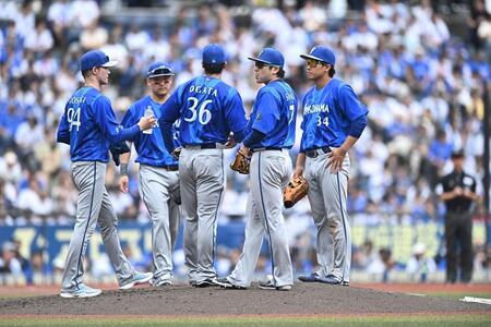 ３回、西川に四球を与えた尾形（３６）＝撮影・開出牧