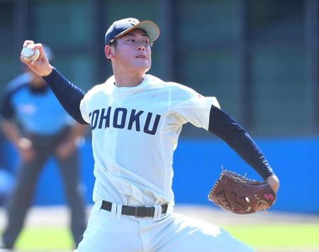Ｂ組で力投する東北福祉大・猪俣駿太（撮影・石井剣太郎）