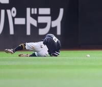 ７回、打者・吉田の打球に飛び込み、負傷する牧原大（撮影・中島達哉）