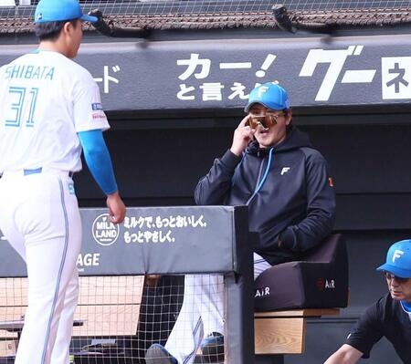 　３回、野村の打球が当たり、ベンチに戻る柴田（左）を見つめる新庄監督（撮影・中島達哉）