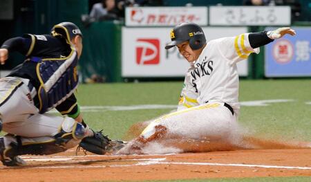 ６回、周東の右犠飛で生還する三走・海野。捕手・若月